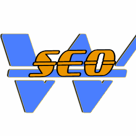 logo,blauwe hoofdletter "W" em horizontaal inde hoofdletter staat "SEO" in orangr kleur